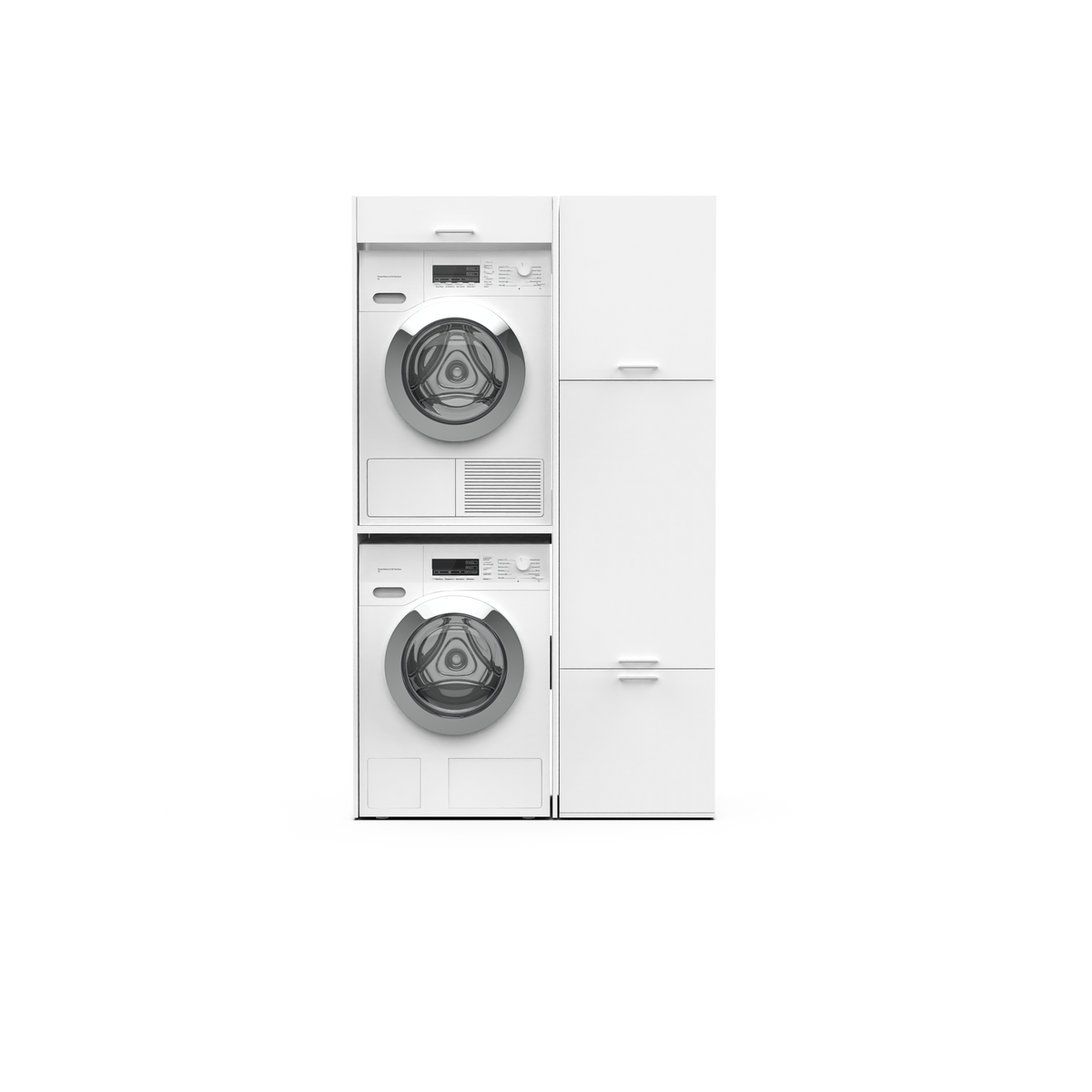 Compact white stacking washer and dryer set with sleek, modern design and matching storage cabinet on the side.