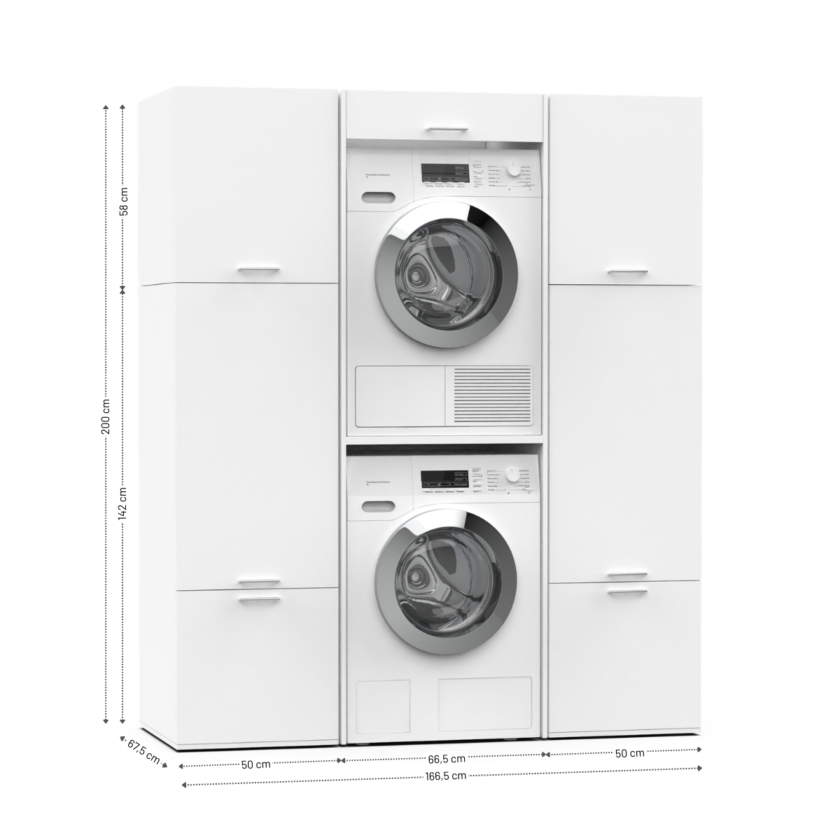 White stacked washer and dryer set with four tall storage cabinets on each side, sleek modern design.