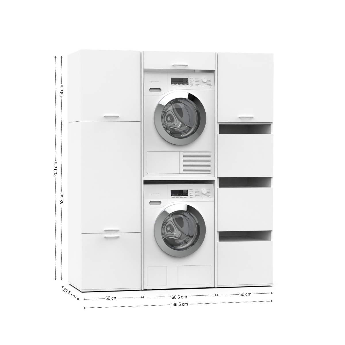 White stacked washer and dryer unit integrated into a compact storage cabinet with multiple doors and drawers.