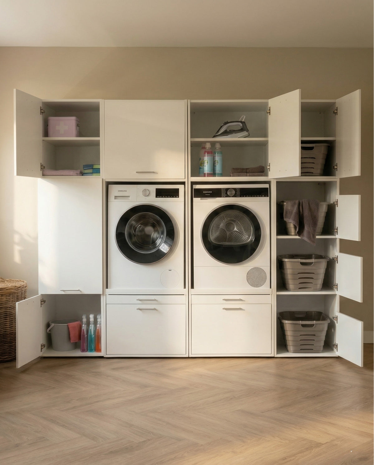 Modern laundry cabinet set with front-load washer and dryer, beige storage shelves, and woven baskets.