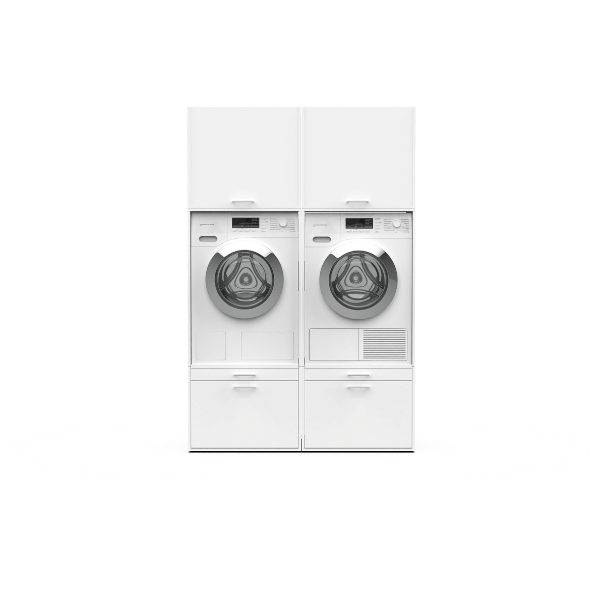 White stacked washer and dryer duo set with front-loading doors and bottom drawers.