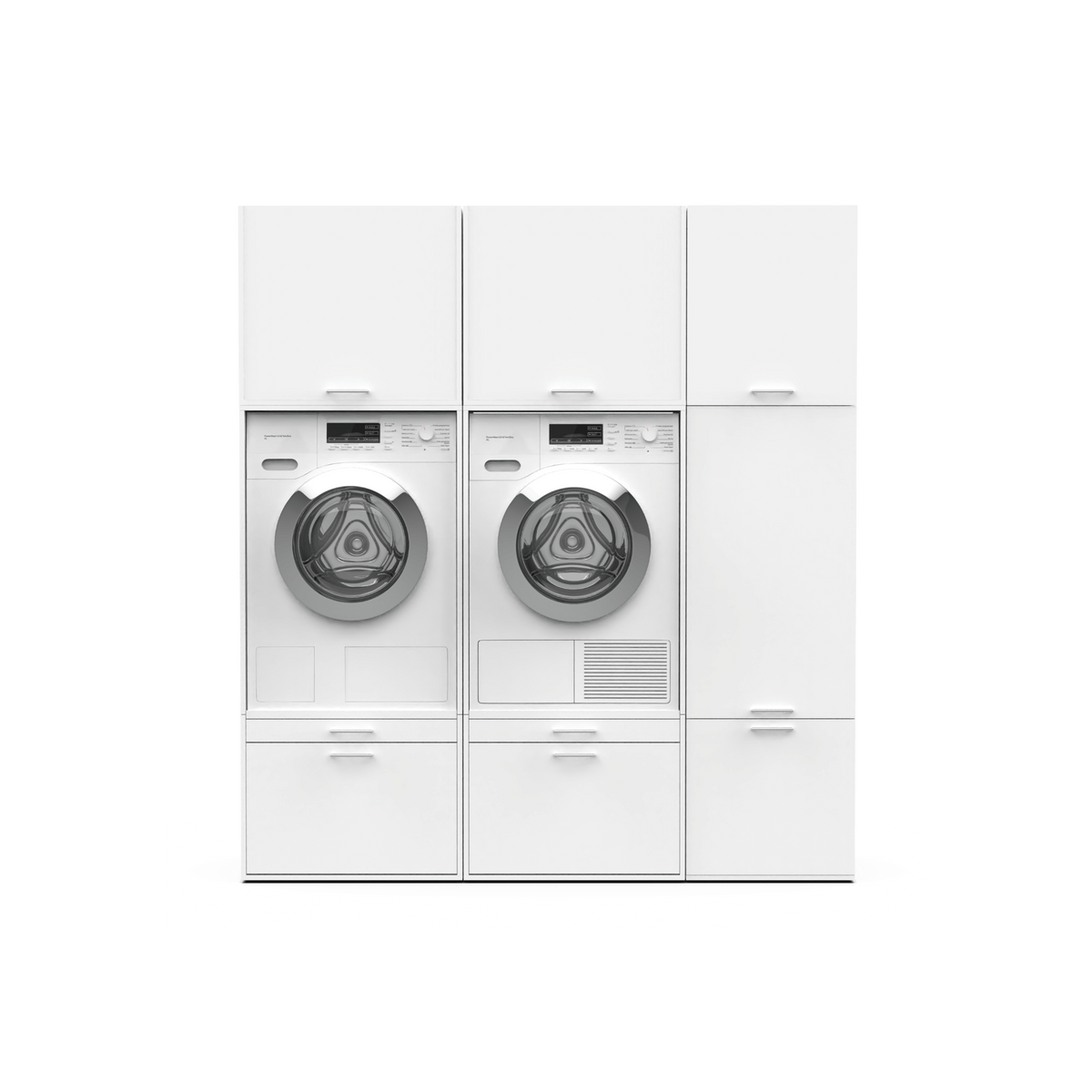 White modern stacked washer and dryer duo set with front-loading doors and clean, minimalist design.