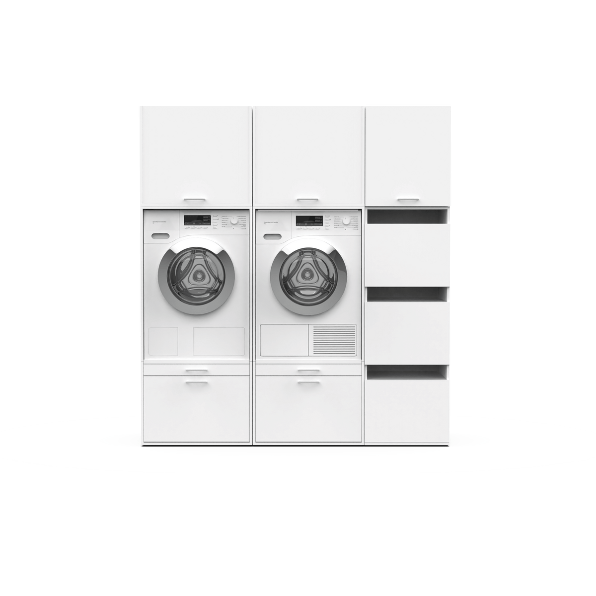 White modern laundry unit with front-load washer, dryer, and multiple storage drawers and shelves.
