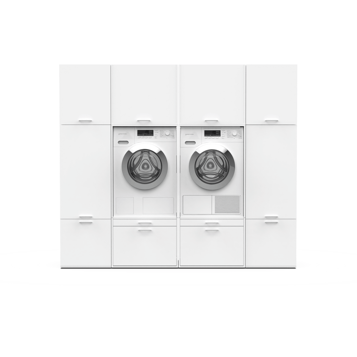 White laundry cabinet set with built-in front-load washer and dryer, sleek modern handles.