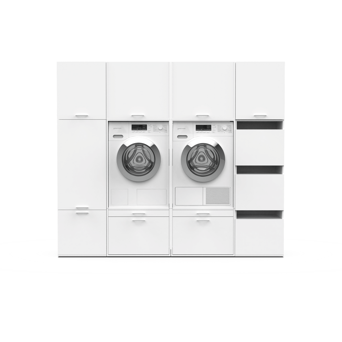 White modular laundry unit with front-loading washer and dryer, cabinets, and drawers.