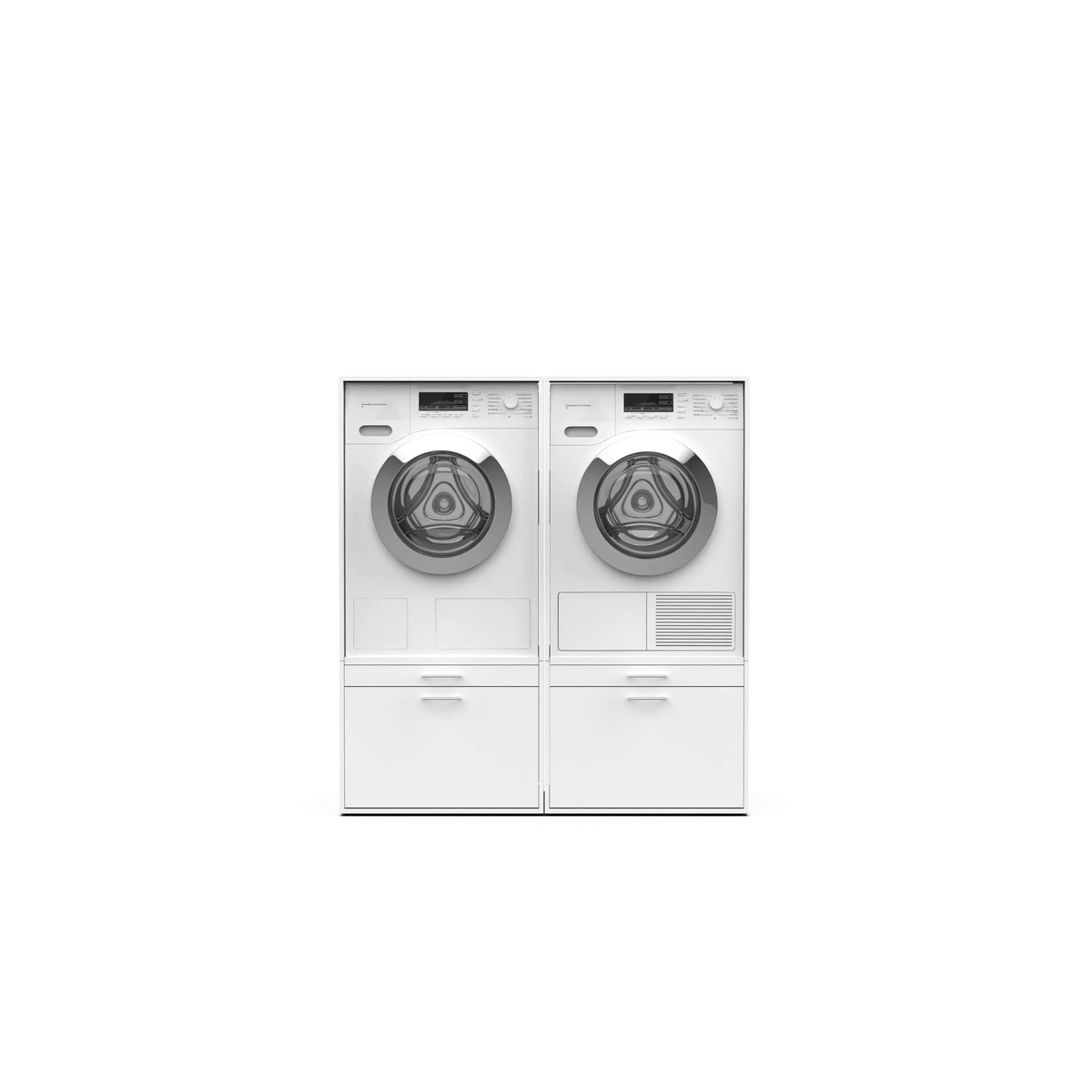 White front-load washer and dryer set with digital displays and bottom storage drawers.