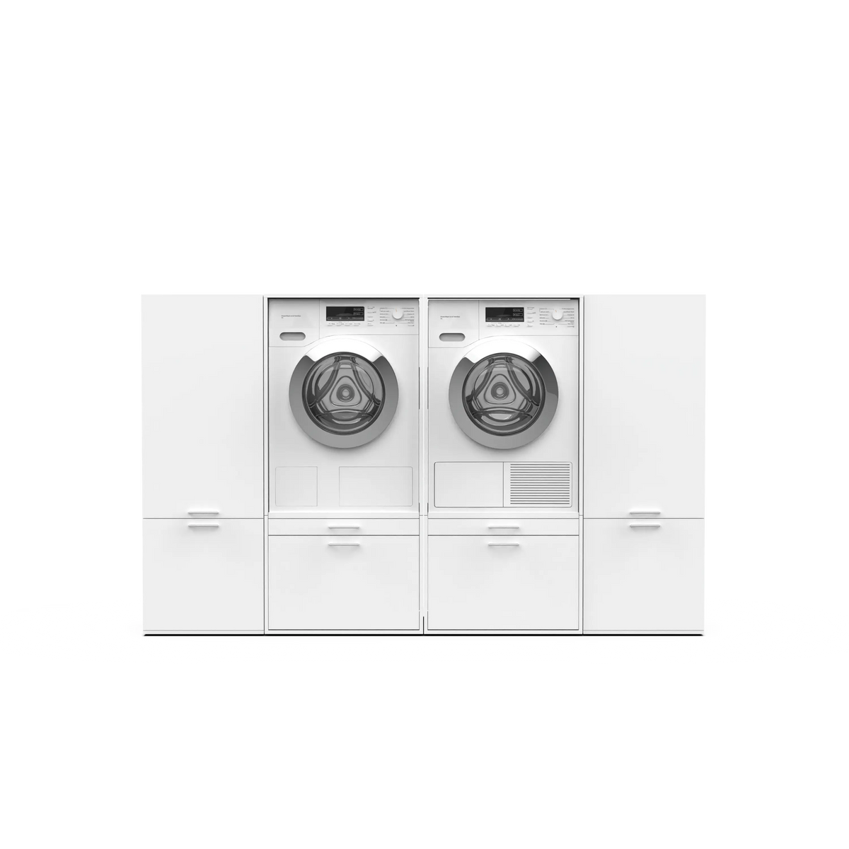 White modular laundry set with front-loading washer and dryer, matching storage cabinets.