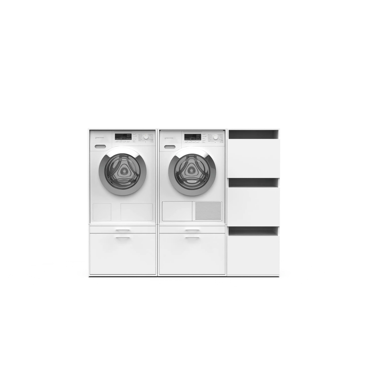 White modular laundry storage unit with two front-loading washer and dryer compartments and three horizontal drawers on the.