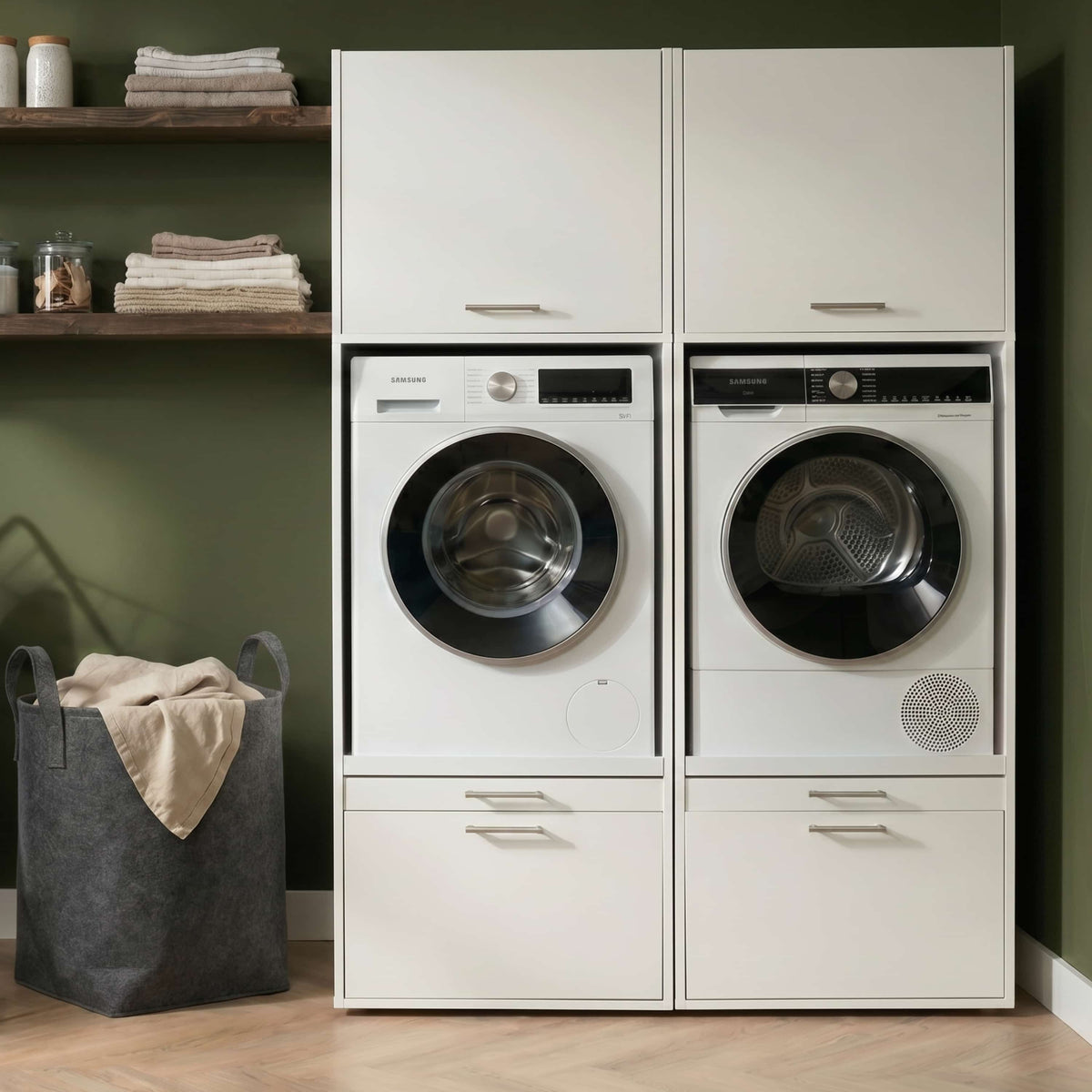 Dubbele wasmachinekast met bovenkasten