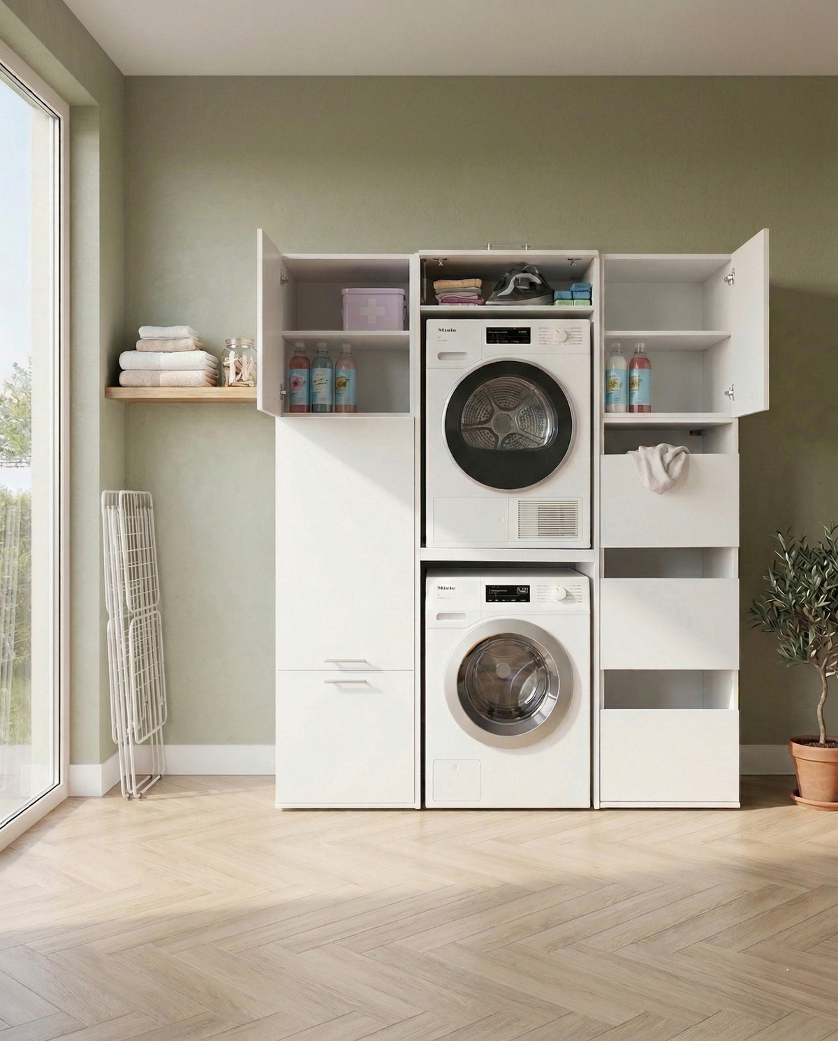 White modular laundry cabinet with stacked washer and dryer, open shelves, and closed storage compartments in bright room.