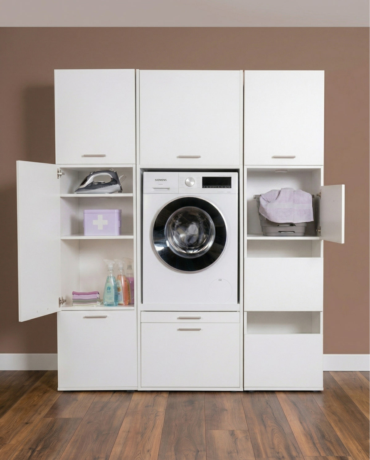 White modular laundry cabinet set with integrated front-load washer and open storage compartments.