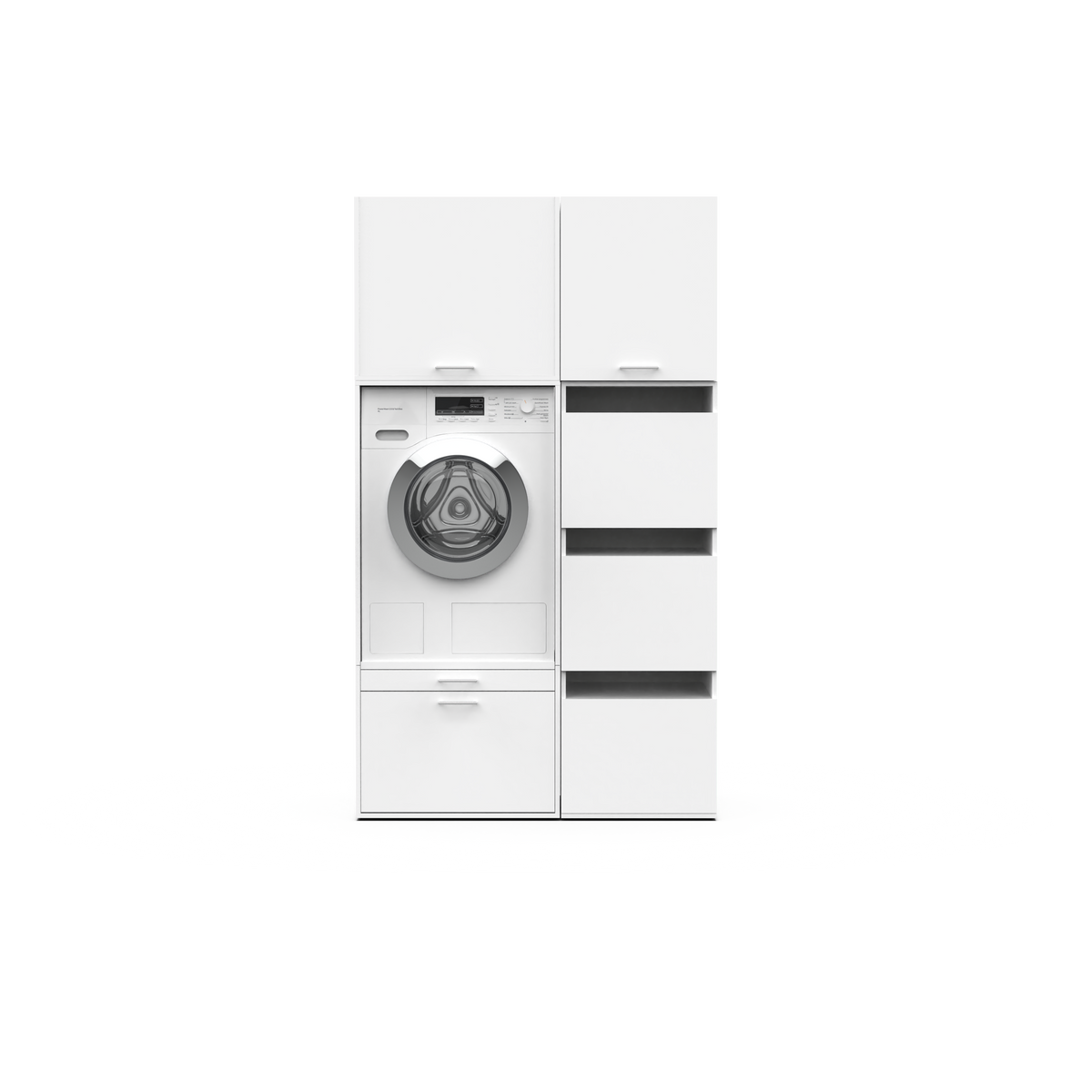 White modular wardrobe unit with a circular washing machine door and three rectangular drawers on the right side.