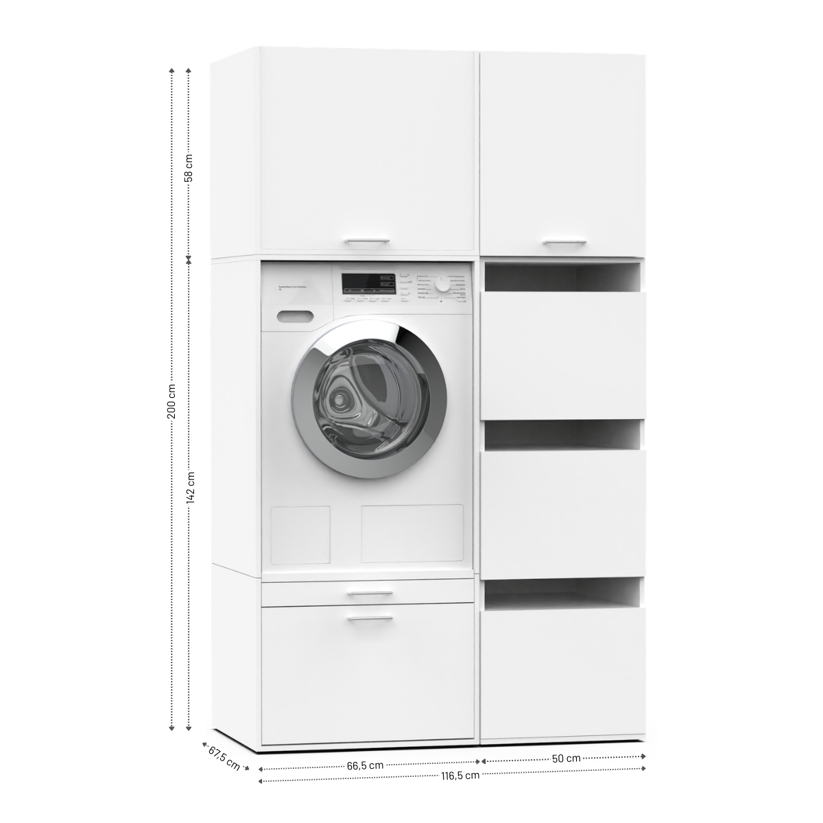 White laundry cabinet set with integrated front-loading washing machine, multiple storage compartments, and drawers.