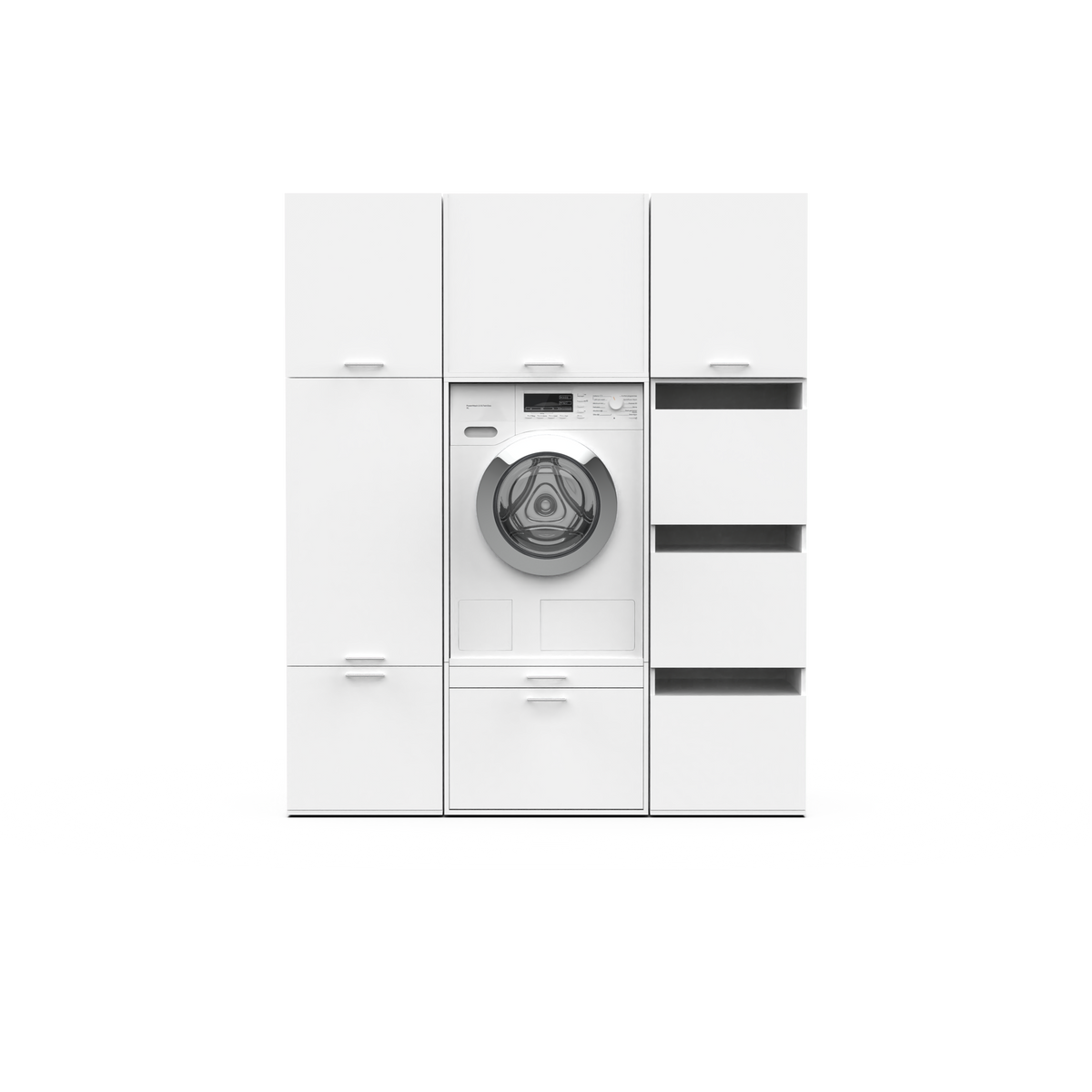 White modular storage unit with five sections, including a central compartment featuring a silver speaker or device with.
