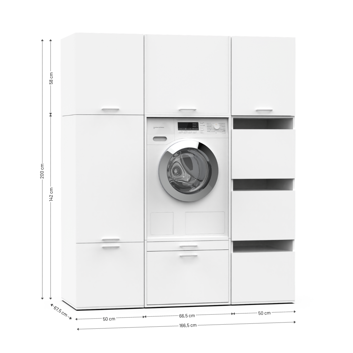 White modular laundry cabinet set with front-loading washing machine and multiple storage compartments.