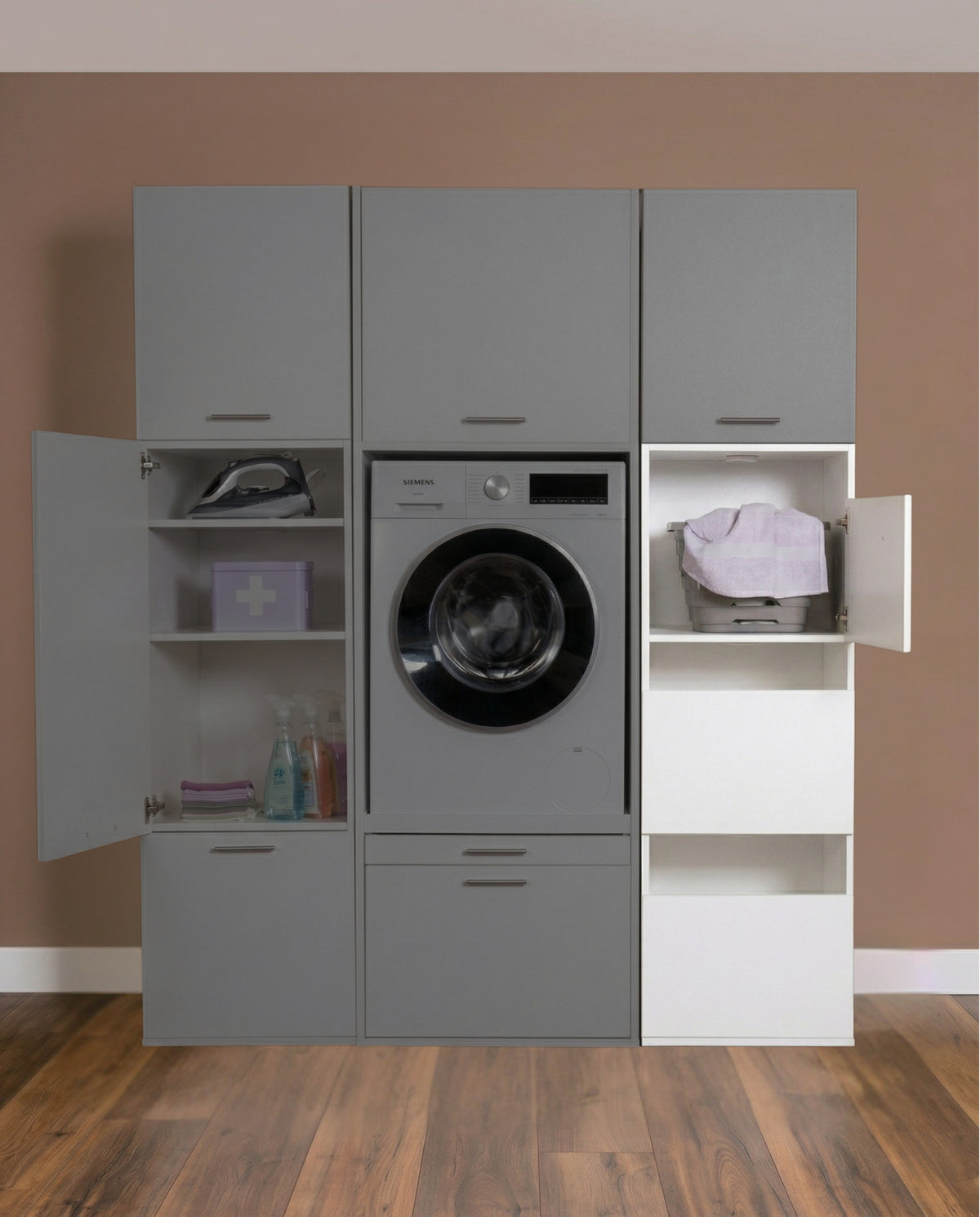 White aundry cabinet set with three compartments, front-loading washing machine, and open storage shelves.