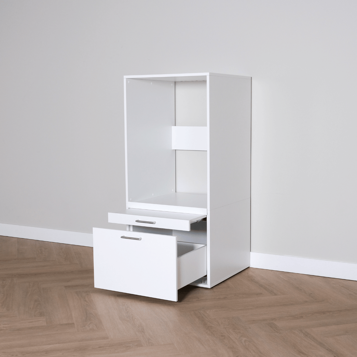 White rectangular base cabinet with one lower drawer and an open upper shelf, modern minimalist design.